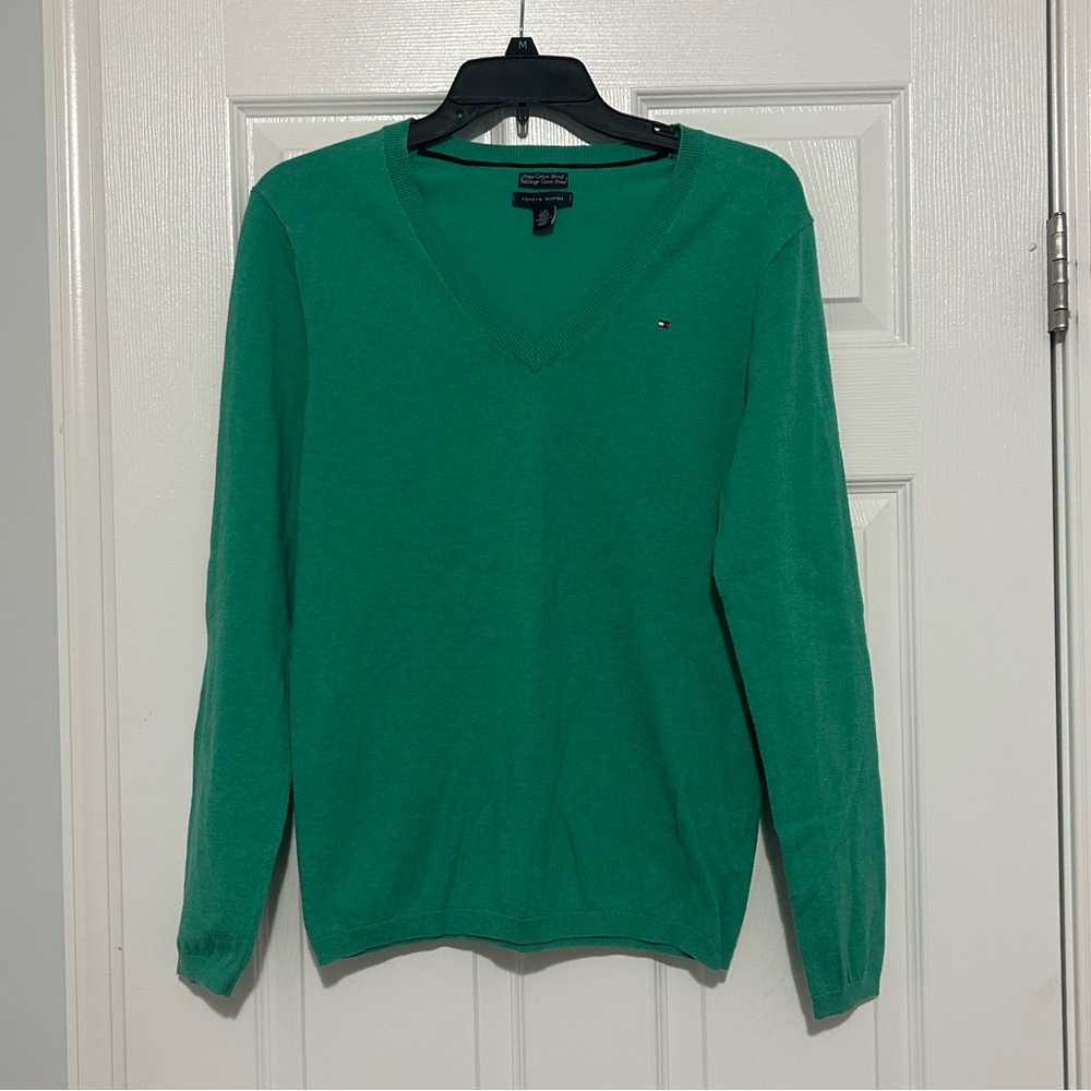 Tommy Hilfiger Green Pima Cotton Blend V Neck Sweater Womens Size Large Pullover